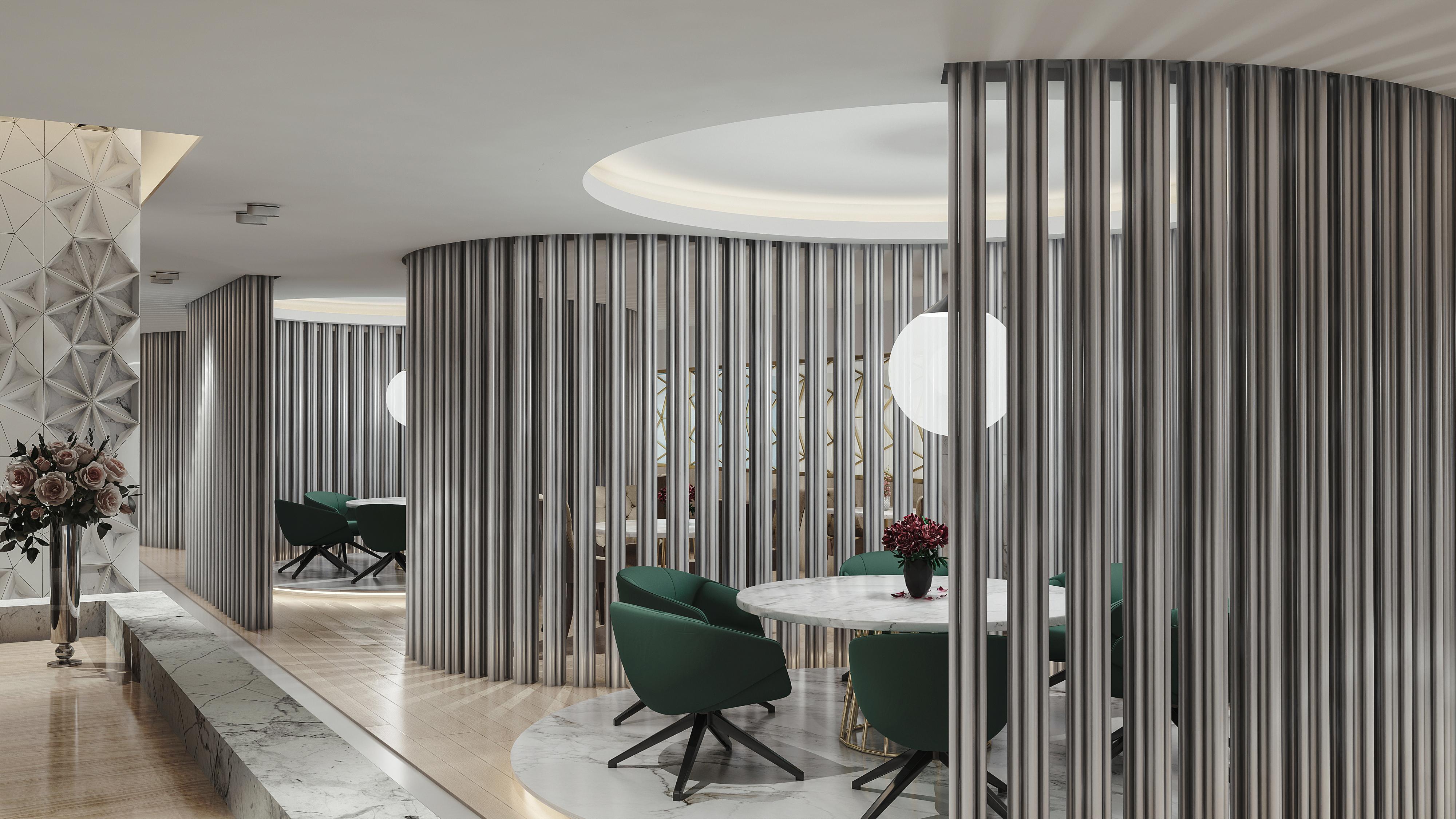Steigenberger Hotel Ad Dawhah Esterno foto The photo shows an interior space featuring a modern design. There are several green chairs arranged around a circular table. The walls are adorned with vertical metal slats, creating a stylish partition. A round light fixture hangs from the ceiling,